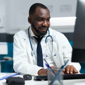 African american therapist doctor in uniform analyzing sickness expertise