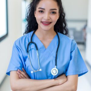 Female doctor stands at hospital. Healthcare worker